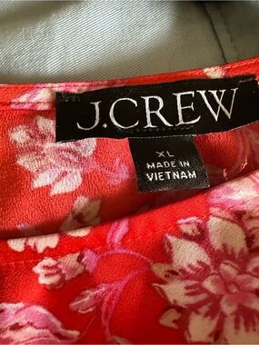 J.Crew Red Floral Silk-Like Blouse with Pink Accents